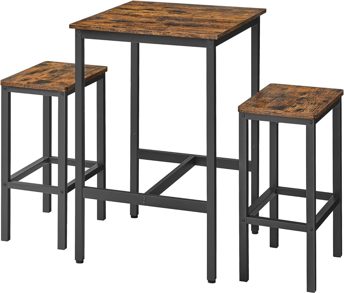 Hoppa! | Bartafel en Barkrukken Set | Rustiek Bruin en Zwart | 60 x 60 x 90 cm Tafel, 30 x 40 x 65 cm Stoelen (L x B x H)