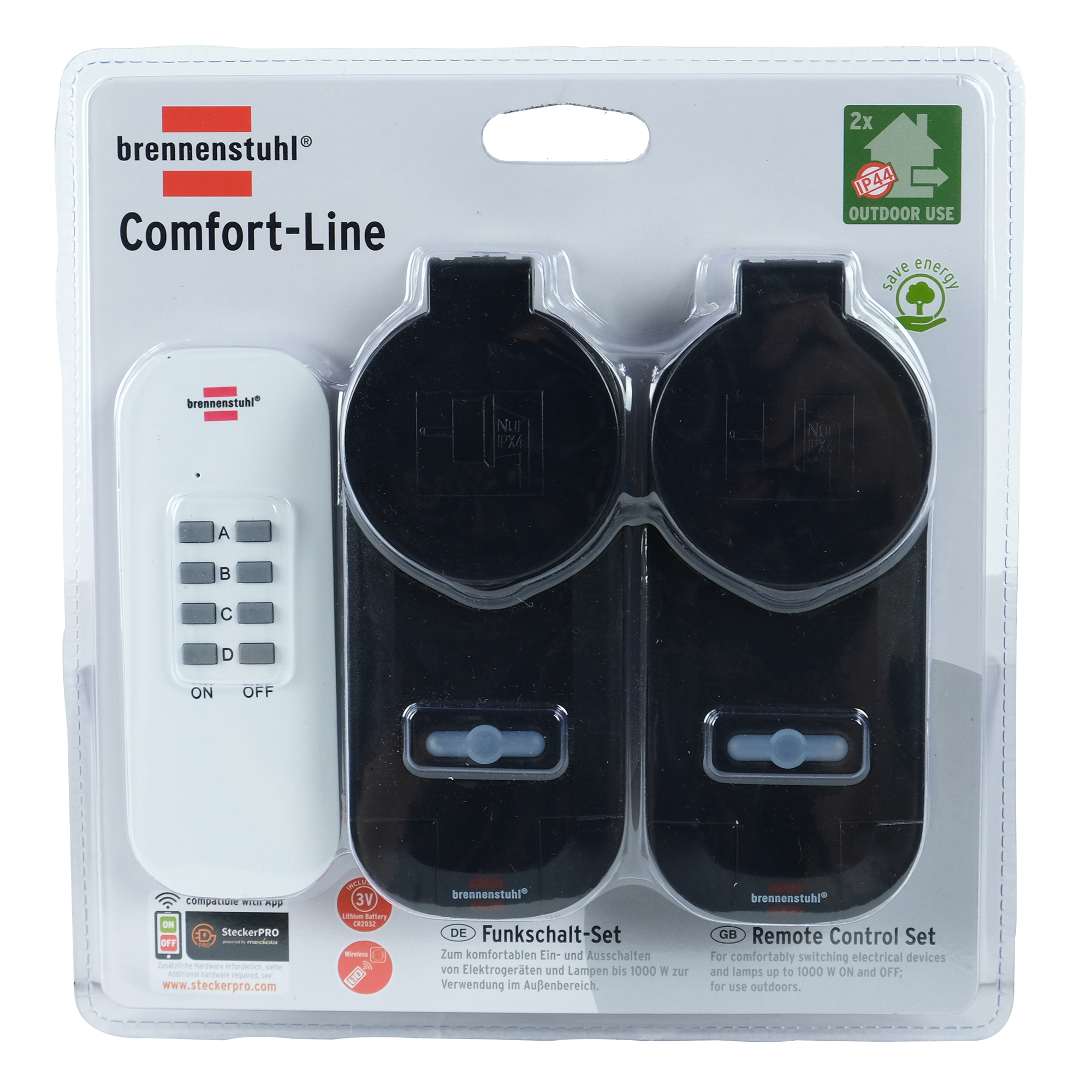 BRENNENSTUHL | Schakelset 2-voudig | Buiten IP44 | 1000 Watt | Zwart
