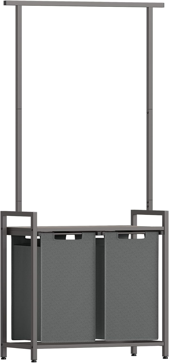Hoppa! | Dubbele wasmand | Met ophangstang | Dienblad | 2 verwijderbare zakken | 2 x 46 l | 73 x 33 x 177 cm | Grijs gemêleerd en leigrijs BLH241G01