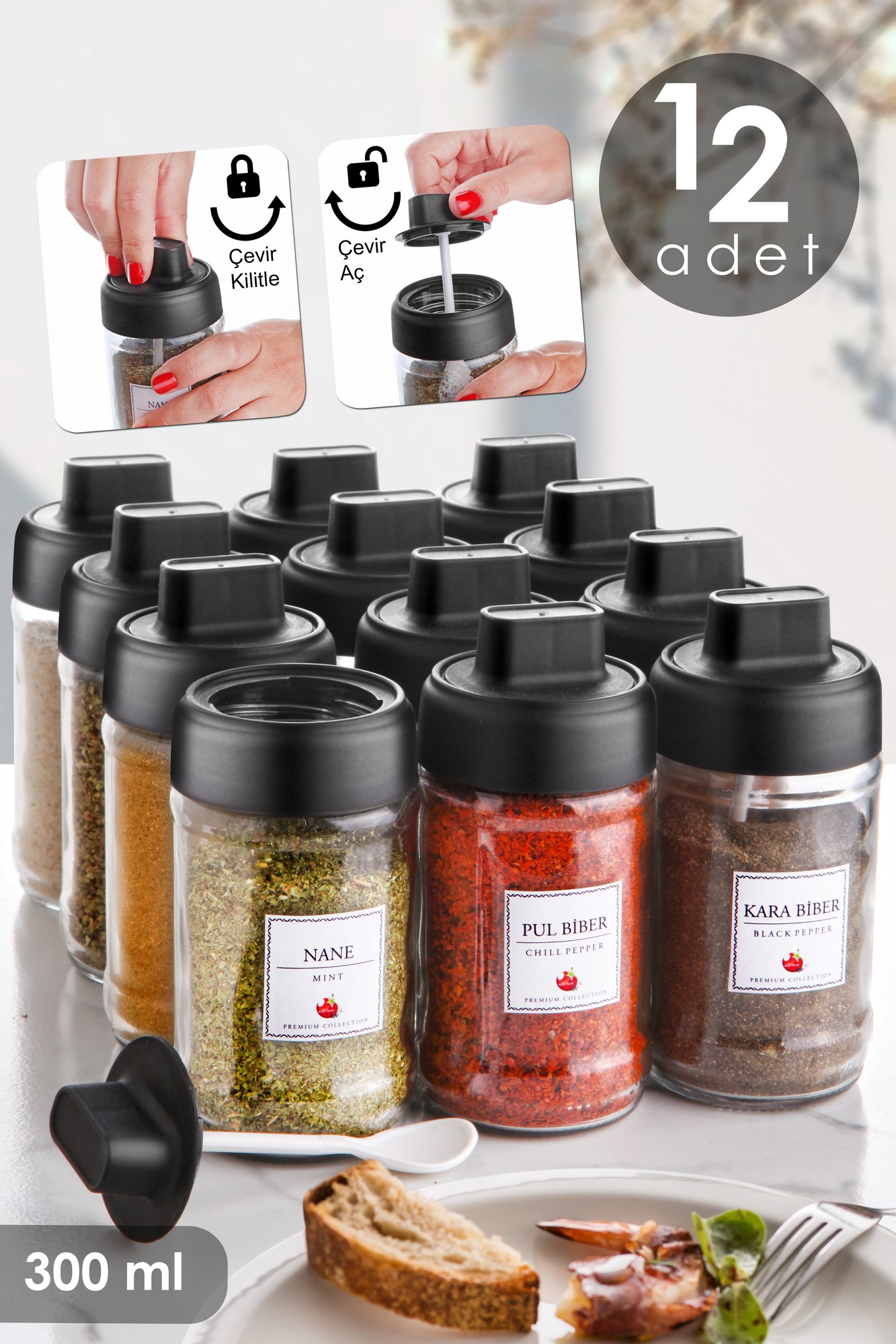 Asir – Kruidenpotset (12 stuks) – Zwart – 6,5 x 13 x 6,5 cm
