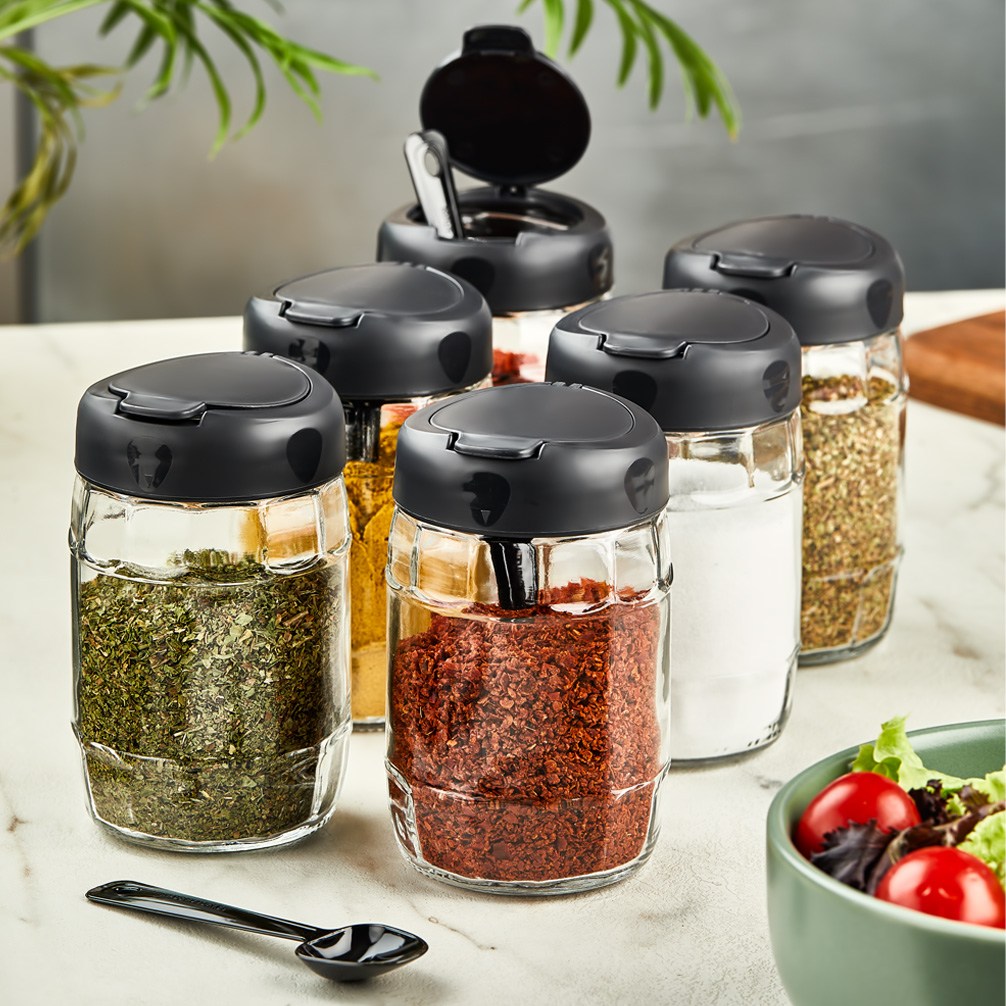 Asir | Specerijenpot Set | Transparant - 6 Stuks - 7,6 x 7,6 x 12 cm