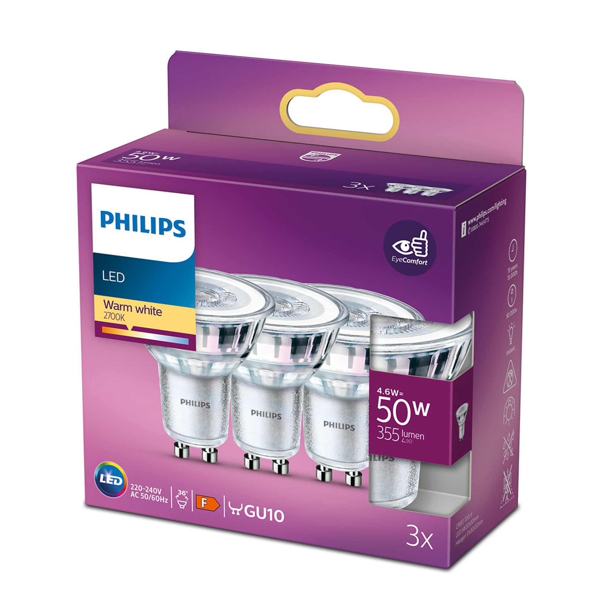 PHILIPS | LED lamp GU10 | 50W | 355 Lumen | Set van 3