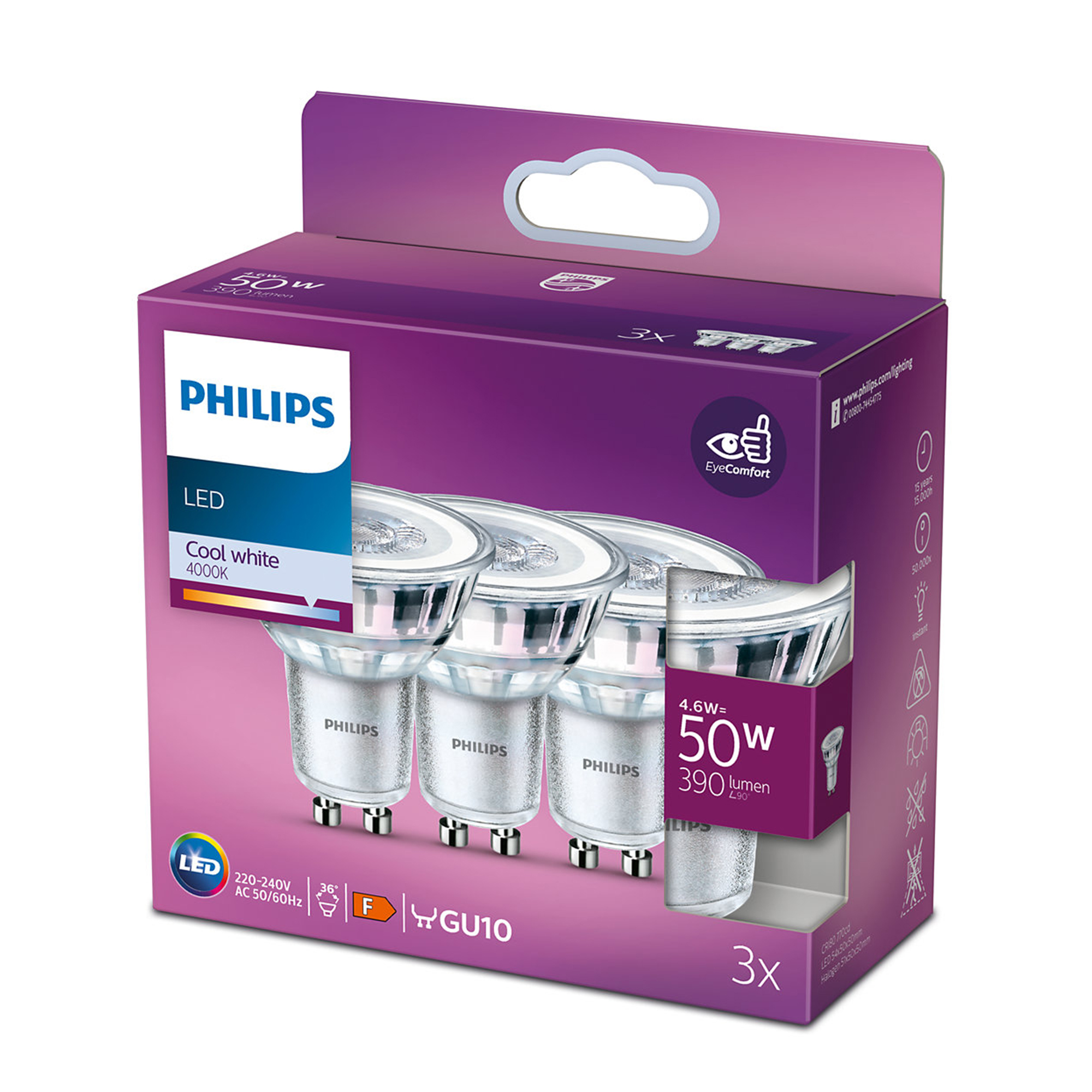 PHILIPS | LED lamp | GU10 | 50W | 390 Lumen | 4000K | 3 stuks
