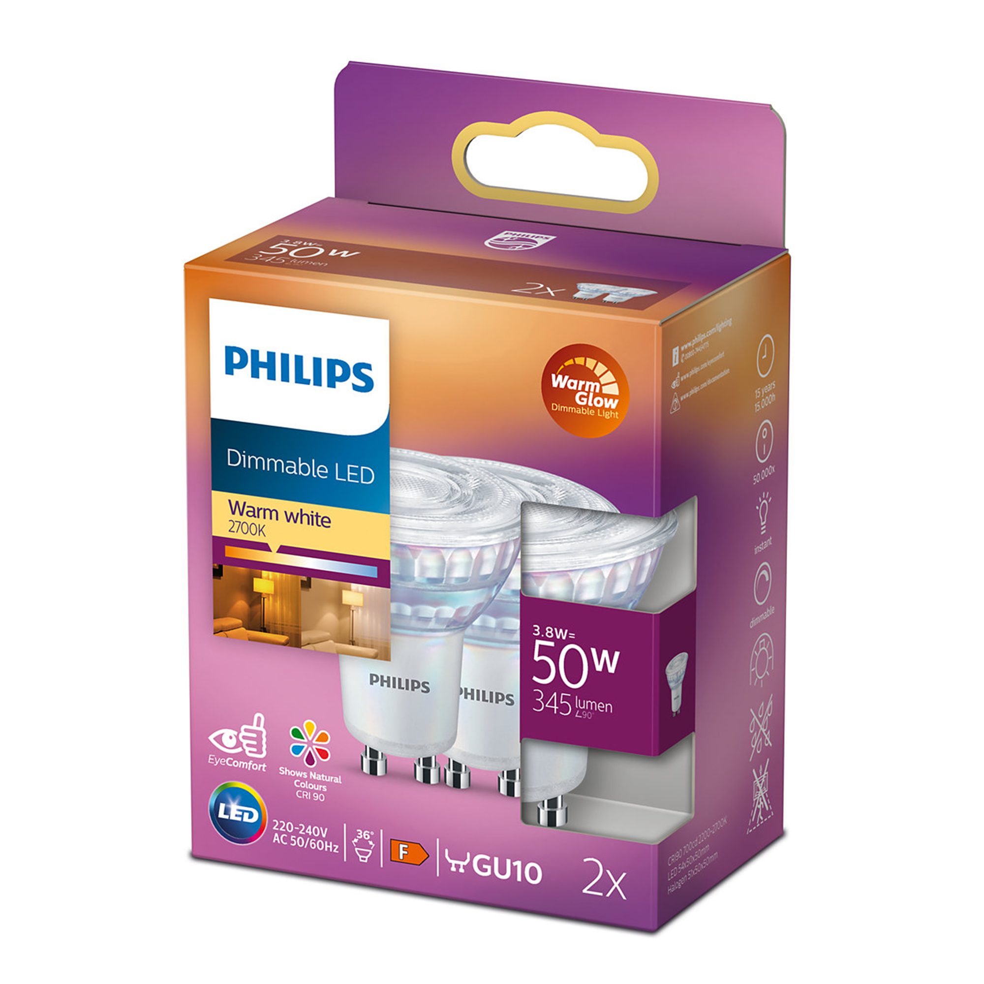PHILIPS | LED lamp GU10 | 50W - 345Lm - dimbaar - warm glow - 2st.