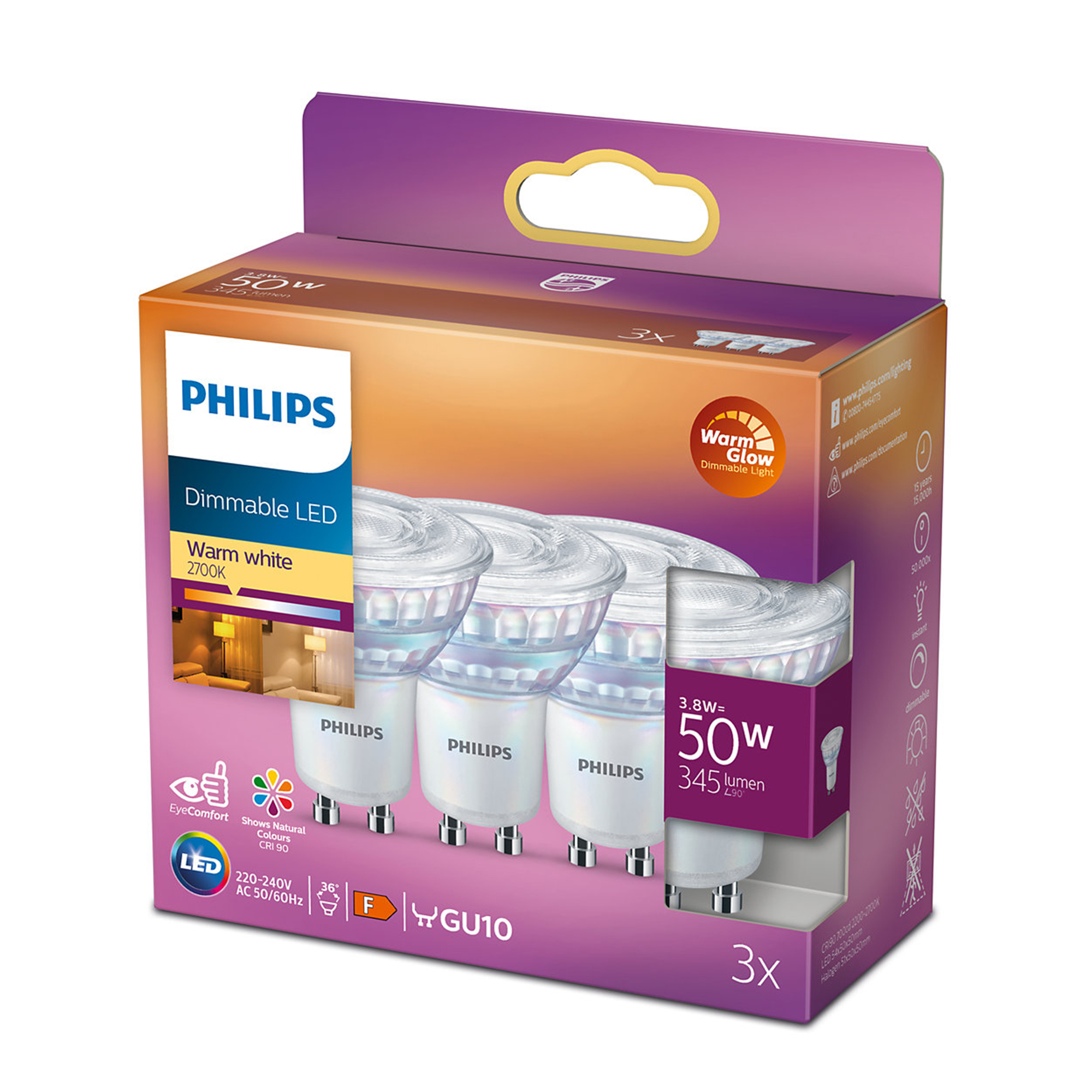 PHILIPS | LED lamp | GU10 | 50W | Dimbaar Warm Glow | 345 Lumen