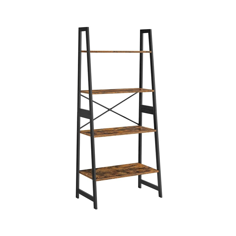 Hoppa! | Boekenkast | Ladderplank | Staande plank met 4 lagen | Rustiek Bruin + Zwart | 63 x 34 x 137 cm (L x D x H)