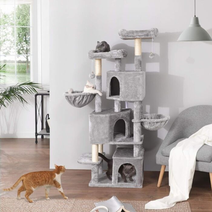 PawHut krabpaal kattenboom klimboom met sisalpalen stabiel met grotten speelballen speelsisal hoogte 95 cm spaanplaat sisal fluweelzacht polyester PE naturel beige 55 x 47 x 95 cm
