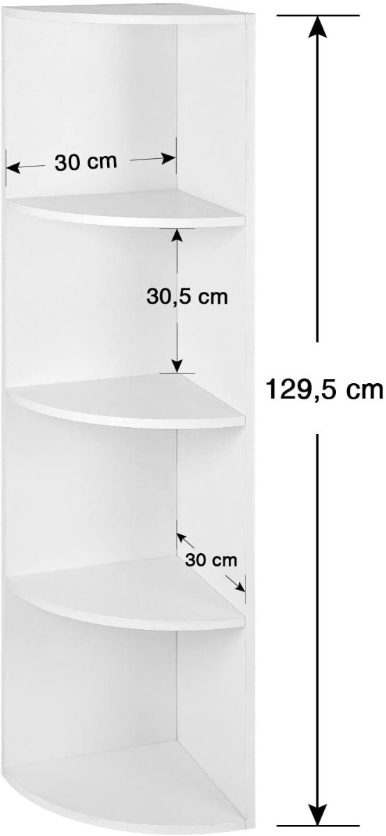 Hoppa! Songmics Hoek Boekenkast 4 Niveaus - Hout - Wit - 30 x 30 x 129.5 cm | Maatindicatie