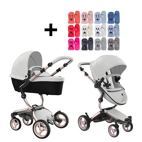 Mima Xari Kinderwagen | Gestel - Rose Gold | Sitz + Haube - Snow White | Starter Pack - Stone White