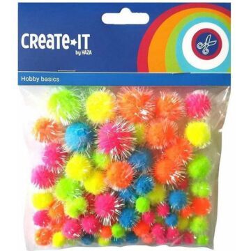 Create-It Pompoms Glitter Neon Mix 75 Stuks  (2572343)