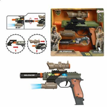 Alfafox Militair pistool met demper en zaklamp en  licht en geluid (8022589)