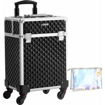 Hoppa! Songmics Cosmetische koffer, trolley, make-up case met handvat, 4 universele wielen, 4 uitschuifbare dienbladen, make-up tas, voor reizen, zwart JHZ013B01
