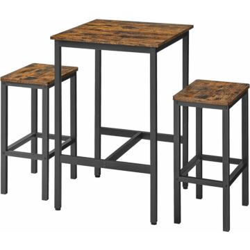 Hoppa! Songmics Bartafel en barkrukken set, 60x60x90 cm tafel, 30x40x65 cm stoelen, rustiek bruin en zwart