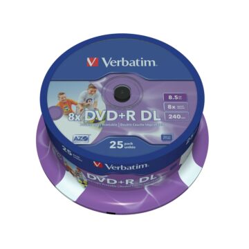 1x25 Verbatim DVD+R dubbel laags 8x Speed, printable, 8,5GB (255878)