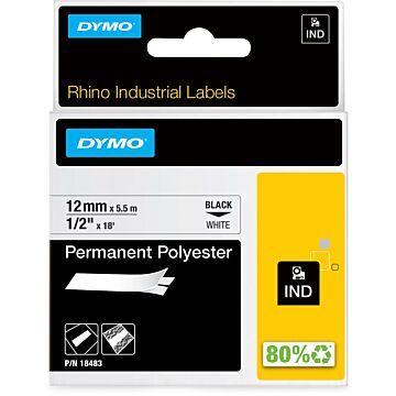 Dymo RHINO permanente polyester tape 12 mm, zwart op wit