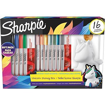 Sharpie permanente marker, eenhoorn giftbox, fijne punt, doos van 16 stuks in geassorteerde kleuren