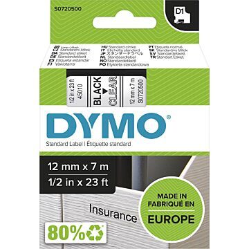 Dymo D1 tape 12 mm, zwart op transparant