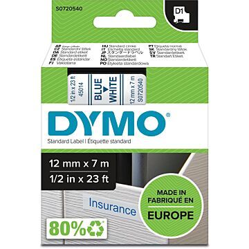 Dymo D1 tape 12 mm, blauw op wit