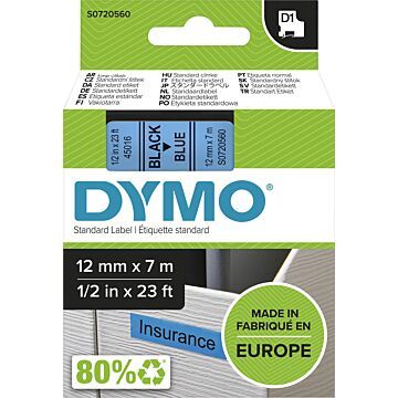 Dymo D1 tape 12 mm, zwart op blauw