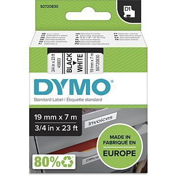 Dymo D1 tape 19 mm, zwart op wit