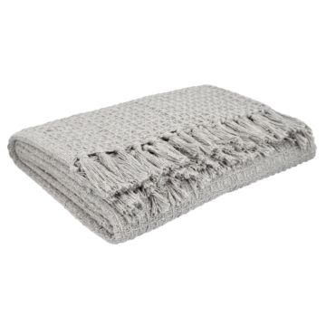 HOMLA Vaffel katoenen plaid met franjes - zachte knuffeldeken voor bank en bed - subtiel katoen gebreid 130 x 170 cm lichtgrijs
