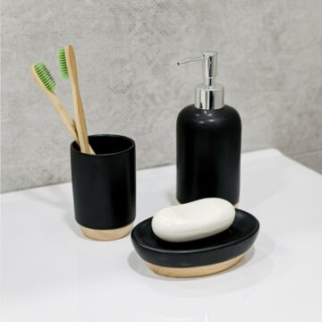  HOMLA Jupiter zeepbakje zeepbakje - Scandinavische sfeer voor badkamers keukens - zwart kunststof met houten element 12 cm