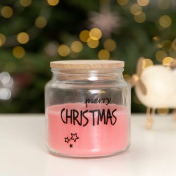 HOMLA Joa Kerstgeurkaars met krentengeur - versierd met feestelijke inscriptie en houten deksel - brandtijd 45 uur paraffinewas en roze glazen behuizing