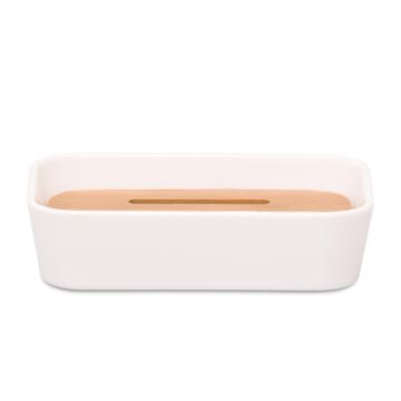 HOMLA Ynez zeepbakje zeepbakje - Scandinavische sfeer voor badkamer keukens - wit kunststof met houten element 12x8 cm