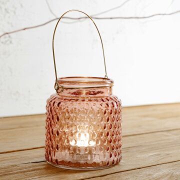 HOMLA Vijgenlantaarn van glas - theelichtglas, decoratief kaarsglas voor binnen en buiten - decoratieve lantaarn lampion - roze 10 x 11 cm