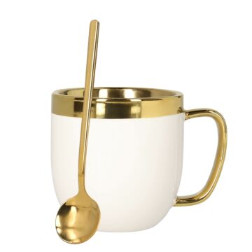 HOMLA sensorische beker + lepel met gouden decoratie - mok theekop koffiemok 0,28 l porselein verguld handgeschilderd wit en goud
