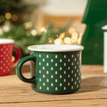 HOMLA Flocon kerstmok - retrostijl en klassieke vorm met feestelijke print - 100% porselein inhoud 0,16 l - groen met kerstbomen