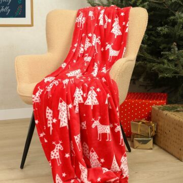 HOMLA Stangdeken met kerstmotief - Warme hoes in rode kleur met rendiermotief - Knuffeldeken van polyester 150 x 200 cm