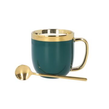 HOMLA Zintuiglijke Beker + Lepel met Gouden Decoratie - Mok Theekop Koffiemok 0,28 l Porselein Verguld Handbeschilderd Emerald & Gold