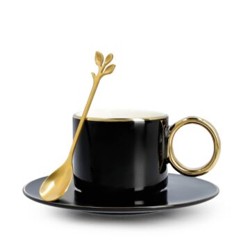 HOMLA Nila theekop met schotel en lepel vintage design - elegante mok voor koffie en warme dranken glamourstijl - 150 ml porselein gouden afwerking zwart