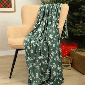 HOMLA Snoflockdeken met kerstpatroon - Warme hoes met sneeuwvlokkenprint - Knuffeldeken van polyester 130 x 170 cm groen