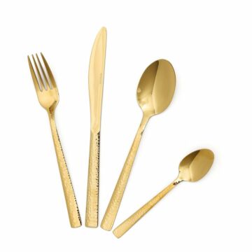 HOMLA Martello bestek bestek bestekset - zes lepels zes vorken zes messen zes lepels met gehamerd handvat - goud 24 delig