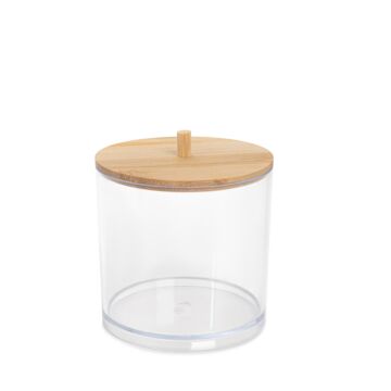 HOMLA Satna bakje voor wattenschijfjes Bakje voor wegwerp- of herbruikbare wattenschijfjes in de badkamer of op de kaptafel Bamboe deksel Materiaal Glas Transparant 9,3 cm x 9,3 cm x 10,5 cm