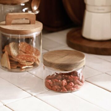 HOMLA Carlos Wekpot met houten deksel - Glazen container met acaciadeksel - Voedselcontainer van glas - Prachtig glas - Organisatie van huis en keuken - Robuust, dik glas - 0,25 l