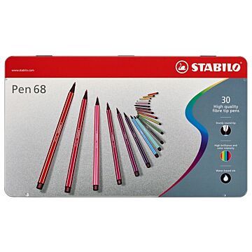 STABILO Pen 68 viltstift, metalen doos van 30 stiften in geassorteerde kleuren