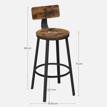 Hoppa! Songmics barkruk, set van 2, barstoelen, keukenstoelen met stevig metalen frame, zithoogte 73 cm, eenvoudige montage, industrieel design, vintage bruin-zwart