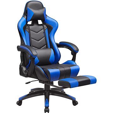 Gamingstoel, ergonomische bureaustoel, bureaustoel, uittrekbare voetsteun, 90-135 kantelhoek, belastbaar tot 150 kg, zwart-blauw