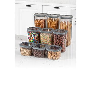Asir opbergdozenset (9 stuks). 100% PLASTIC BPA-vrij Afmeting: 10 x 10 x 24,5 cm / 1750 ml (3 stuks) Afmeting: 10 x 10 x 16,5 cm / 1200 ml (3 stuks) Afmeting: 10 x 10 x 9,5 cm / 550 ml (3 stuks)