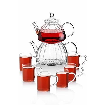Asir Tea Set (7 Pieces). 100% BOROSILICATE GLASS Heat and Flame Resistent Steel Strainer Top: 800 ml Bottom: 1.5 lt Teapot (1 Piece) Glass: 200 ml (6 Pieces)