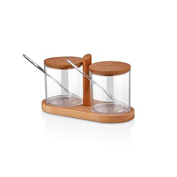 Asir Spice Jar & Kitchen Shelf Set. Jar: 100% PLASTIC Stand: 100% WOODEN Jar Size: 7 x 7 x 9 cm / 275 cc (2 Pieces) Stand Size: 18 x 8 x 11 cm (1 Piece) Wooden Lid (2 Pieces)