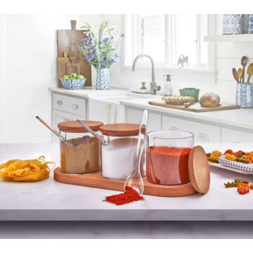 Asir Spice Jar & Kitchen Shelf Set. Jar: 100% PLASTIC Stand: 100% WOODEN Jar Size: 7 x 7 x 9 cm / 275 cc (3 Pieces) Stand Size: 24 x 8 x 12 cm (1 Piece) Wooden Lid (3 Pieces)