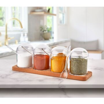 Asir Spice Jar & Kitchen Shelf Set. Jar: 100% PLASTIC Stand: 100% WOODEN Jar Size: 7 x 7 x 12 cm / 275 cc (4 Pieces) Stand Size: 33 x 9 x 12 cm (1 Piece) Plastic Lid (4 Pieces)