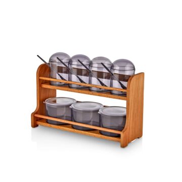 Asir Spice Jar & Kitchen Shelf Set. Jar: 100% PLASTIC Stand: 100% WOODEN Jar Size: 7 x 7 x 9 cm / 275 cc (4 Pieces) Jar Size: 10 x 10 x 7 cm / 400 cc (3 Pieces) Stand Size: 34 x 12.5 x 20 cm (1 Piece) Plastic Lid (7 Pieces)