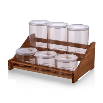 Asir Spice Jar & Kitchen Shelf Set. Jar: 100% PLASTIC Stand: 100% WOODEN Jar Size: 10 x 10 x 14 cm / 800 cc (3 Pieces) Jar Size: 10 x 10 x 7 cm / 400 cc (3 Pieces) Stand Size: 34 x 23 x 21 cm (1 Piece) Plastic Lid (6 Pieces)