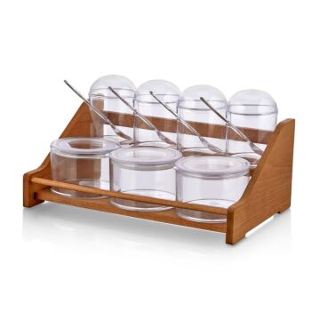 Asir Spice Jar & Kitchen Shelf Set. Jar: 100% PLASTIC Stand: 100% WOODEN Jar Size: 7 x 7 x 12 cm / 275 cc (4 Pieces) Jar Size: 10 x 10 x 7 cm / 400 cc (3 Pieces) Stand Size: 33.5 x 20 x 17 cm (1 Piece) Plastic Lid (7 Pieces)