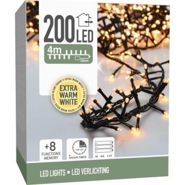 Micro Cluster 200 led - 4m - extra warm wit - Batterij - Lichtfuncties - Geheugen - Timer (DSS-69826.9)